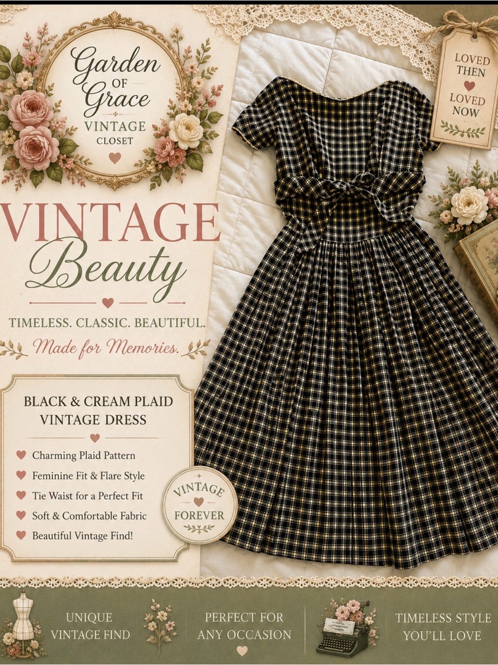 Vintage Black & Cream Plaid Fit-and-Flare Dress
